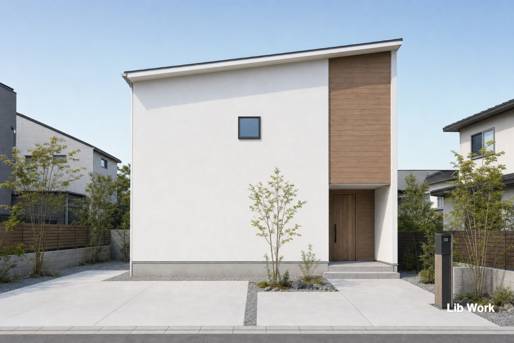 白を基調に木目を添えた片流れ屋根の二階建てで、すっきり上品な印象を感じさせます。