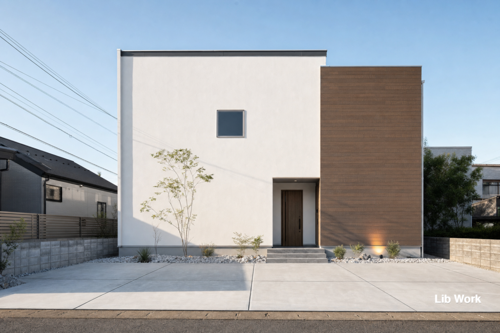 白い箱型の外観に木目調のアクセントが映え、すっきりと落ち着いた印象の二階建てです。