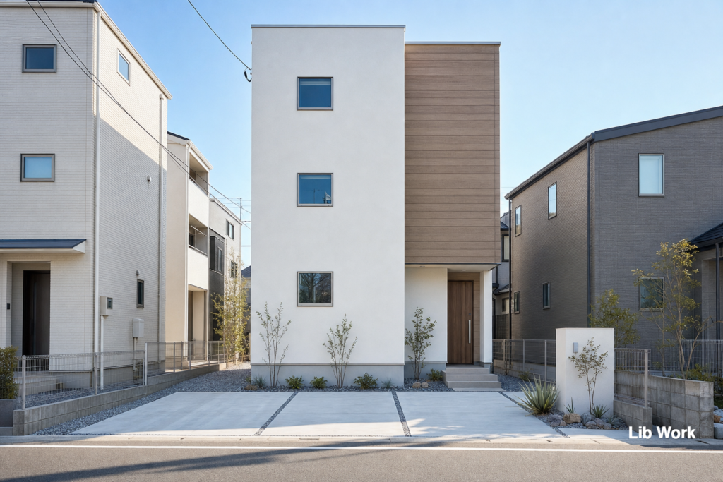 白い箱型の三階建てに木目が映え、明るくすっきりした印象の住まいに見えます。